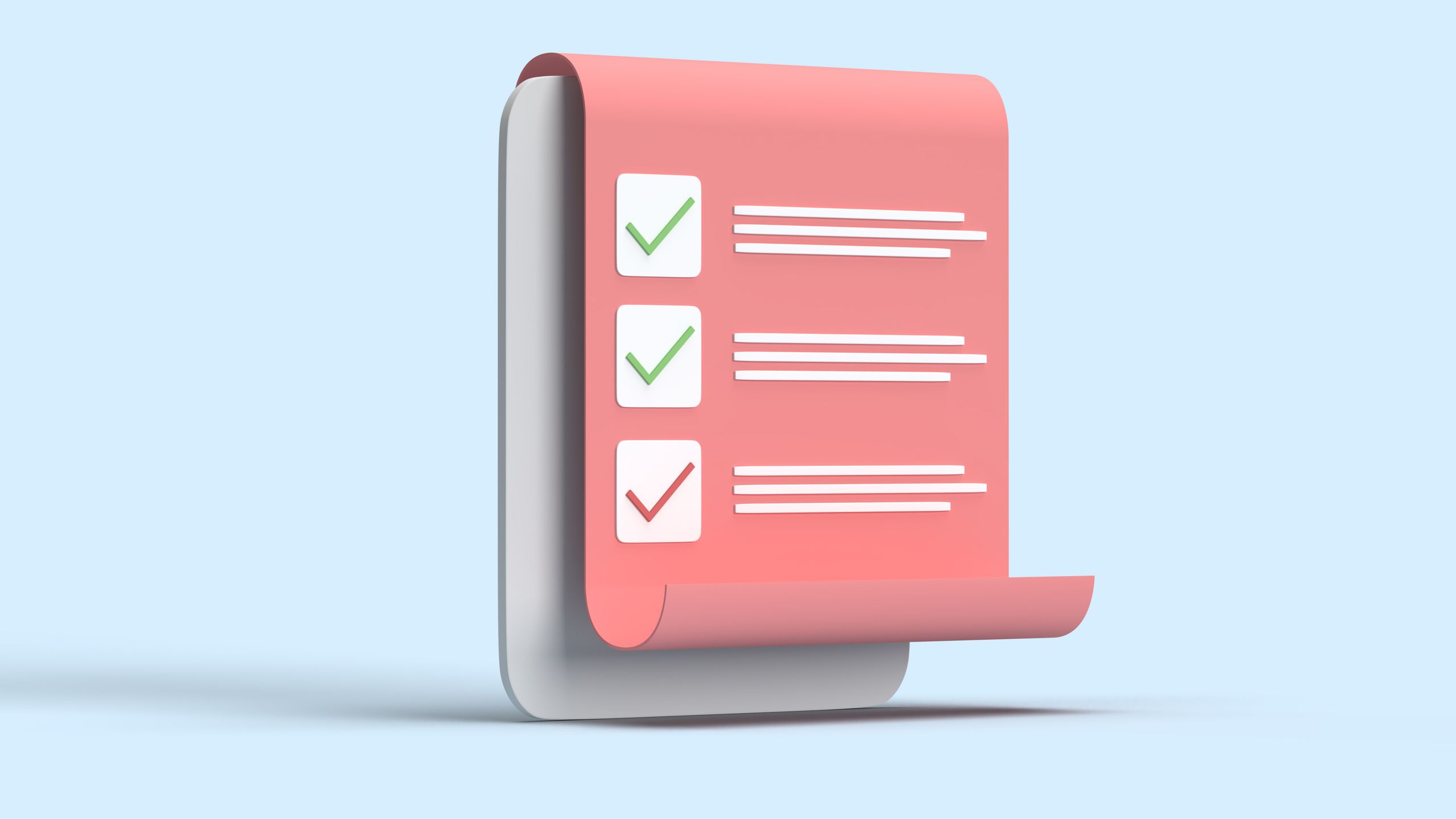 checklist with checkmarks on a rolled paper sheet against a blue backdrop.